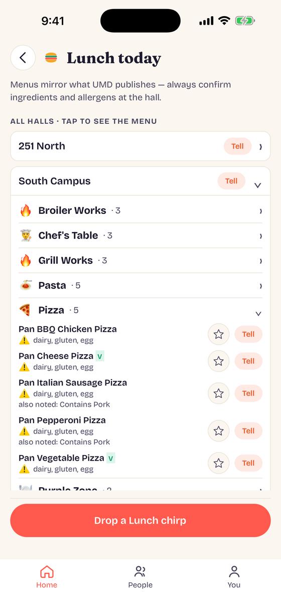 The Dining screen: today's halls and stations with allergen labels