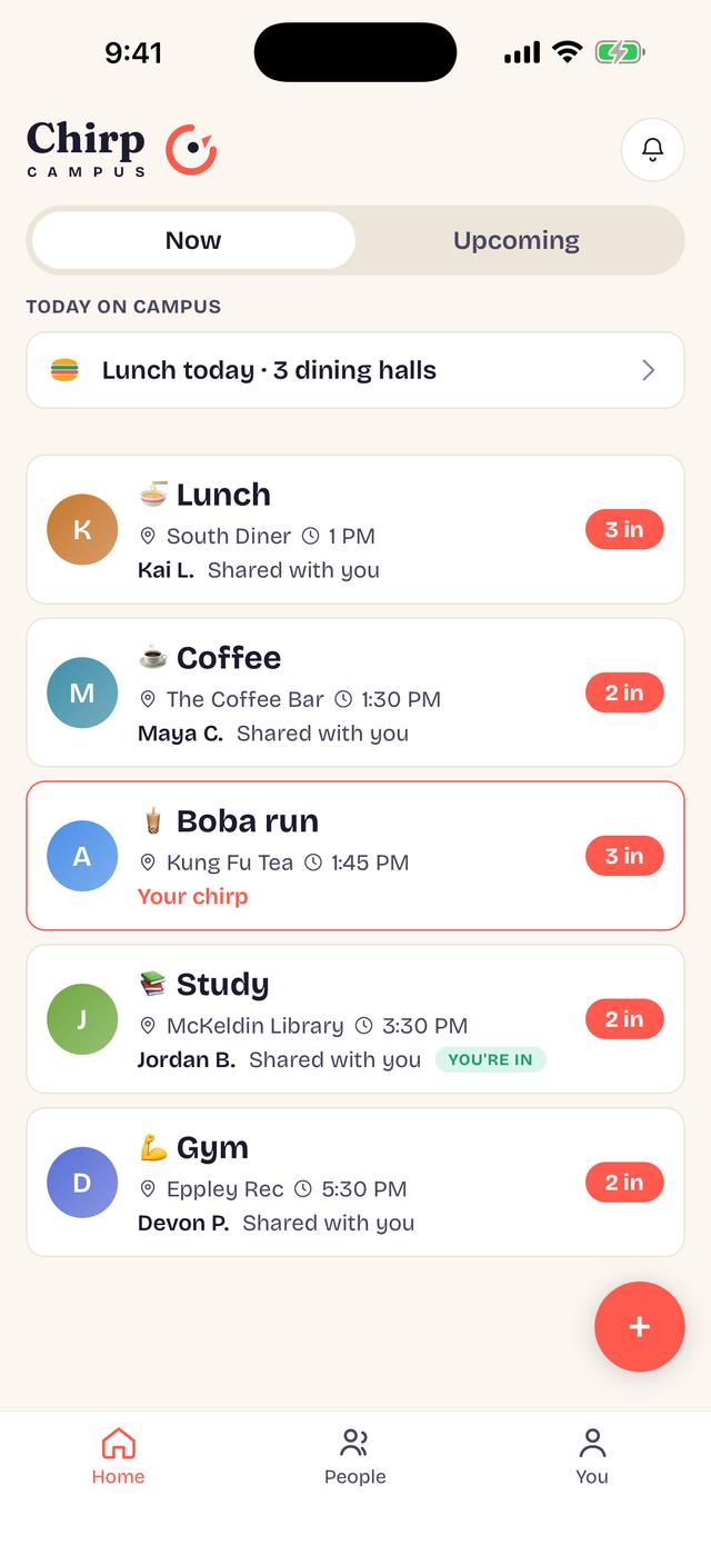 The Now screen: today's dining, then friends' chirps — Lunch at South Diner, Coffee at The Coffee Bar — each with who's in