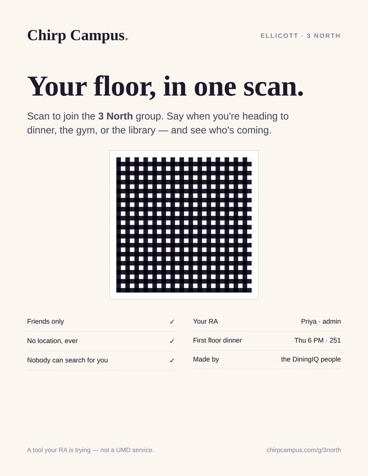 Example floor poster: “Your floor, in one scan”, a QR code, the three safety promises, the RA's name and the first floor dinner